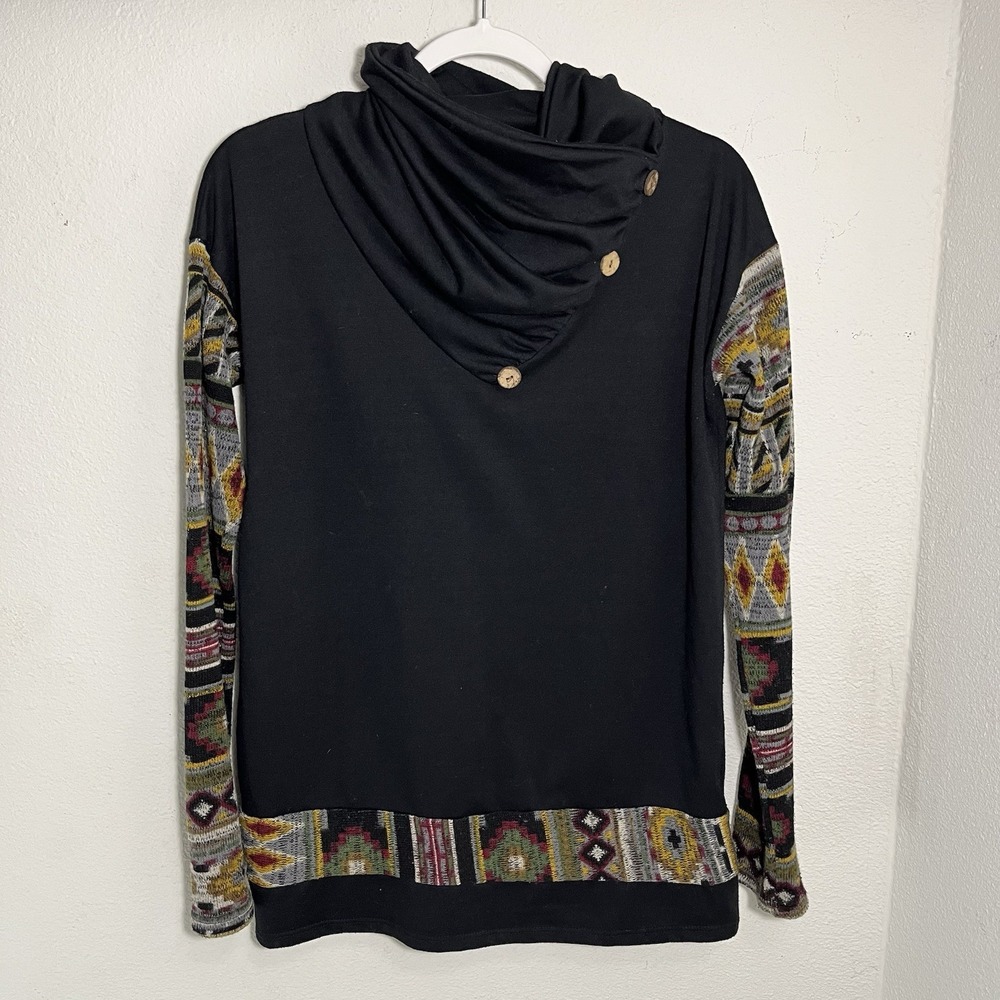 Mon Ami Sweater Women's Size L Maroon Aztec Sleeve Asymmetric Cowl Neck